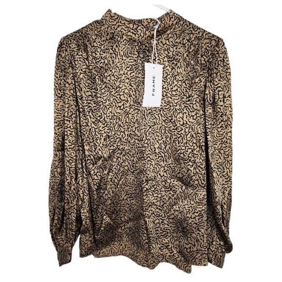 FRAME Silk Shirred Mock Neck Relaxed Blouse Tan M Career‎ Preppy Careerchick - Picture 1 of 9